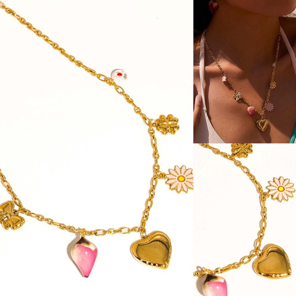 Hannah 18K Gold Non-Tarnish Vintage Floral Charm Necklace